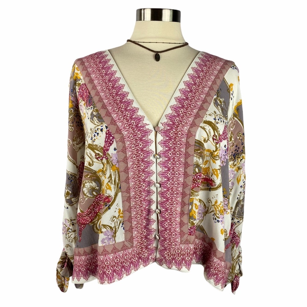 FREE PEOPLE Cropped Boho Print V-Neck Blouse M